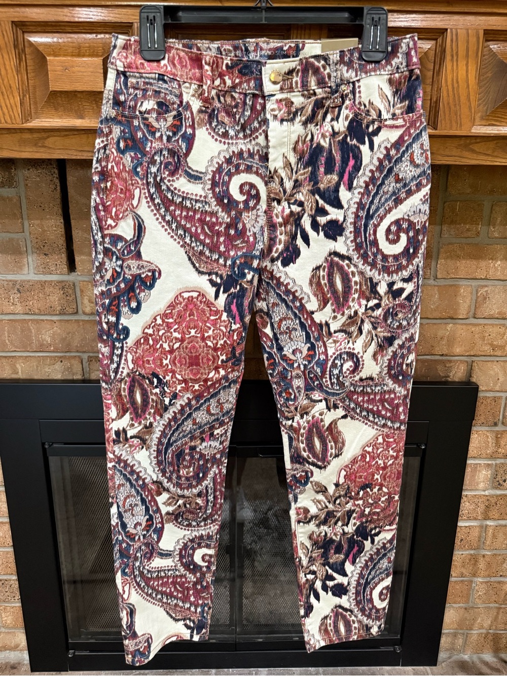 Chico's Paisley Corduroy Pants in Cream, Red and Navy